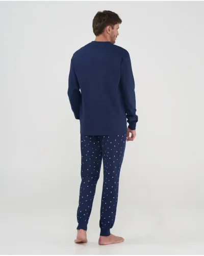 Front view of men's navy winter pajama set with v-neck top and star print pants, perfect for cozy nights.