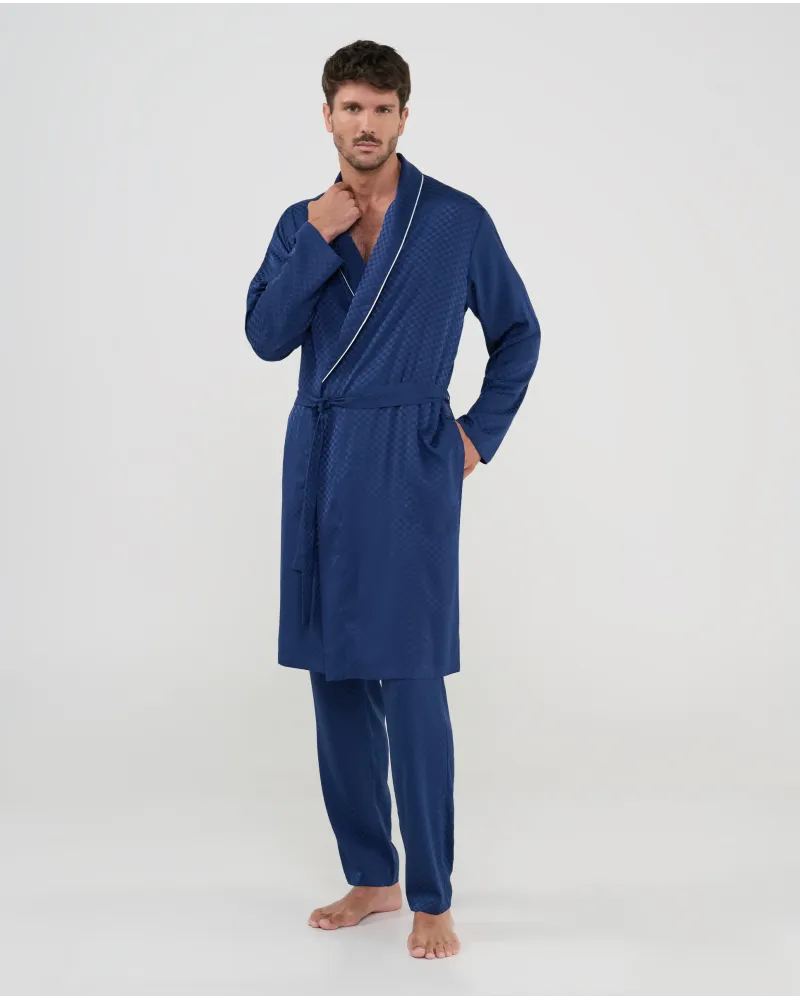 Front view of the Lohe men's luxury jacquard navy dressing gown, featuring an elegant checkered pattern and belted silhouette.