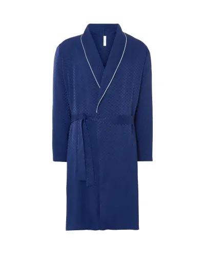 Front view of the Lohe men's luxury jacquard navy dressing gown, featuring an elegant checkered pattern and belted silhouette.