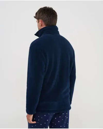 Men's long striped zipper robe, front view showing full length and stripe pattern.