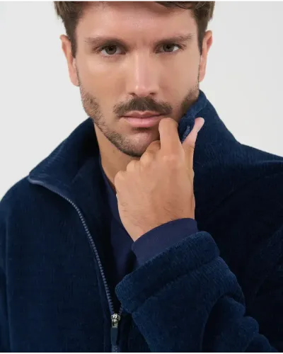 Men's long striped zipper robe, front view showing full length and stripe pattern.