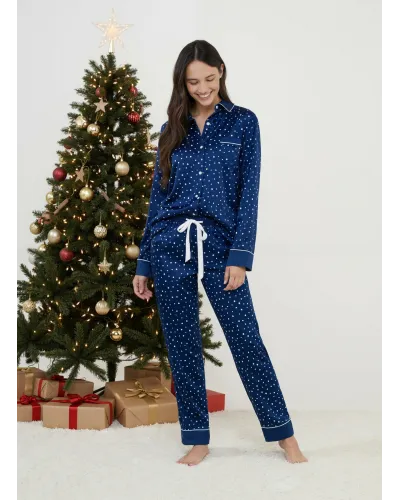 Women's navy blue shirt-style Christmas pyjamas with white stars
