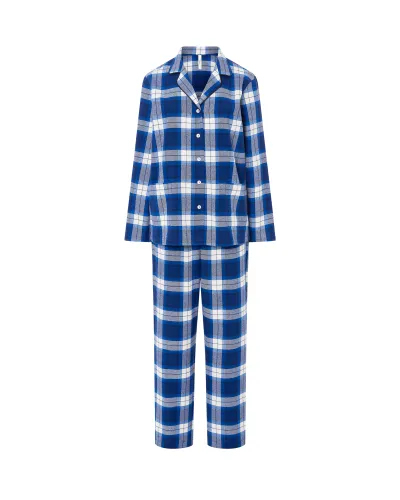Women's blue checked shirt pyjamas, front design with buttons and patch pockets.