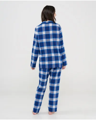 Women's blue checked shirt pyjamas, front design with buttons and patch pockets.
