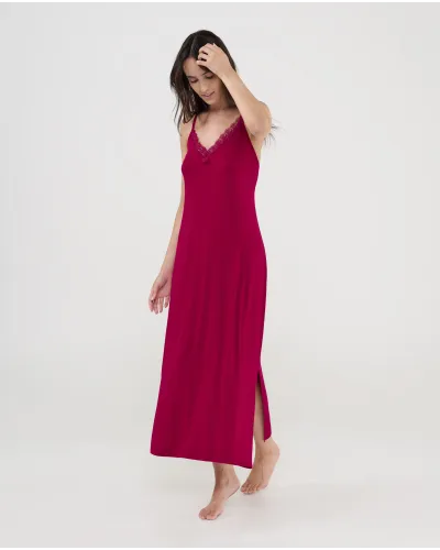 Elegant burgundy modal nightdress with V-neck and delicate lace trim, featuring thin adjustable straps.