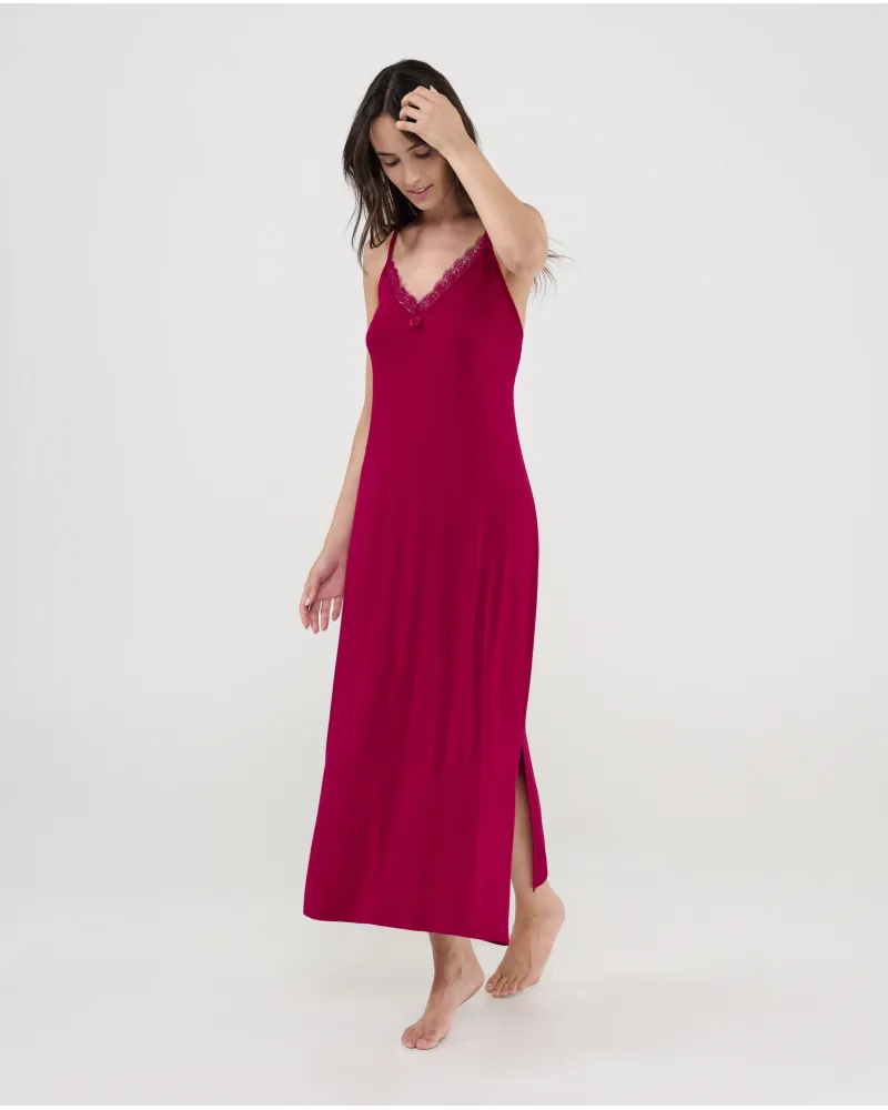 Elegant burgundy modal nightdress with V-neck and delicate lace trim, featuring thin adjustable straps.