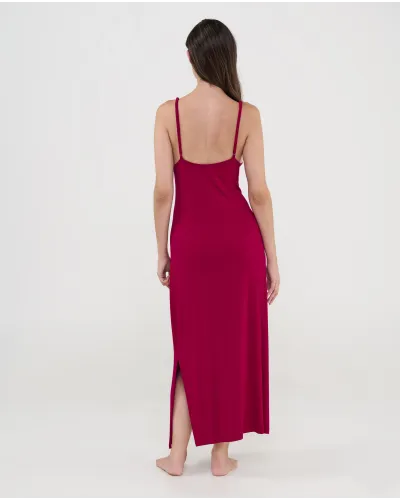 Elegant burgundy modal nightdress with V-neck and delicate lace trim, featuring thin adjustable straps.