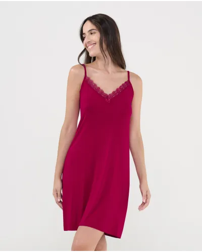 Front view of a luxurious modal nightgown, featuring an elegant V-neck with delicate lace trim.