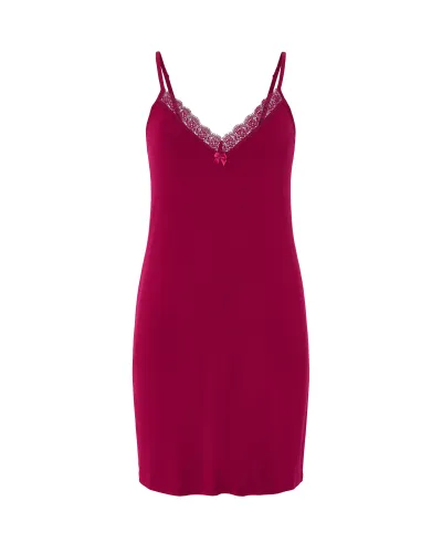 Front view of a luxurious modal nightgown, featuring an elegant V-neck with delicate lace trim.