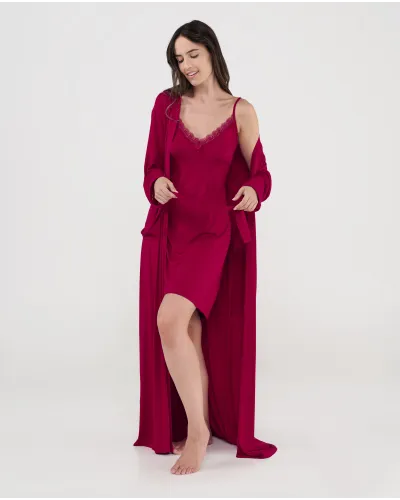 Front view of a luxurious modal nightgown, featuring an elegant V-neck with delicate lace trim.