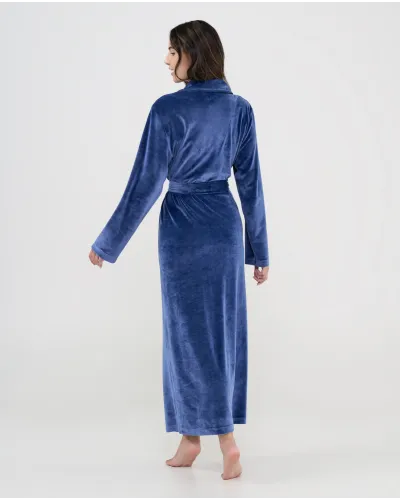 Long navy velvet robe for women, crossover design with elegant tuxedo collar and belt.
