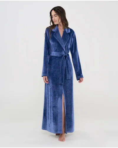 Long navy velvet robe for women, crossover design with elegant tuxedo collar and belt.