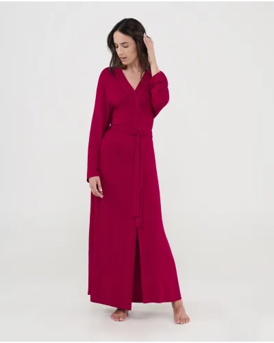 Women's maroon modal long wrap coat, double-breasted, tied with a belt at the waist