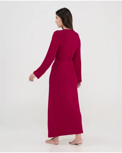 Women's maroon modal long wrap coat, double-breasted, tied with a belt at the waist