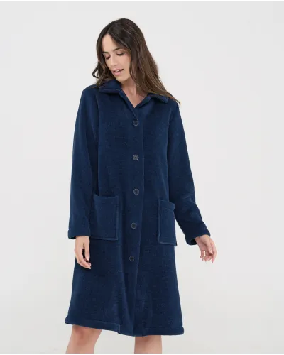Lohe long winter coat for women in navy blue, front view with buttons and patch pockets.