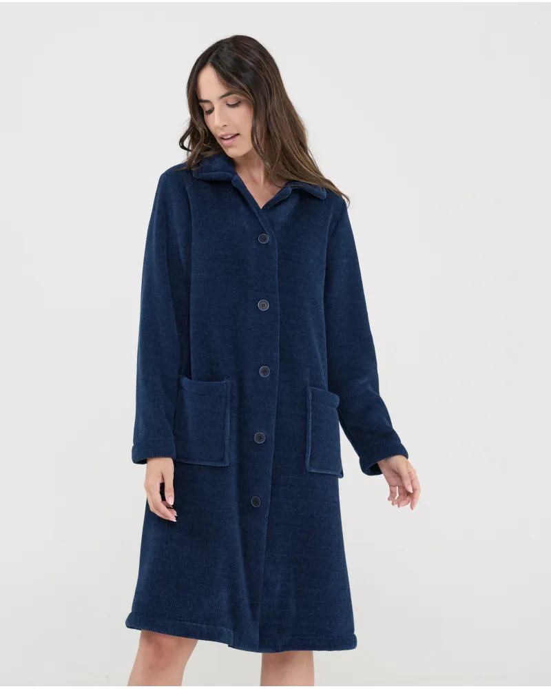Lohe long winter coat for women in navy blue, front view with buttons and patch pockets.