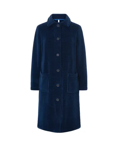 Lohe long winter coat for women in navy blue, front view with buttons and patch pockets.