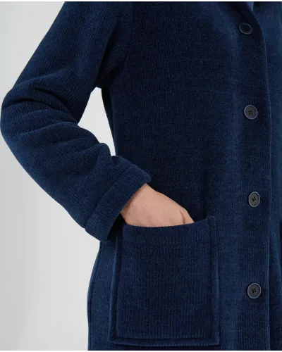 Lohe long winter coat for women in navy blue, front view with buttons and patch pockets.
