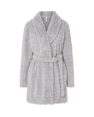 Front view of women's long grey jacquard plaid robe with belt, soft checkered fabric