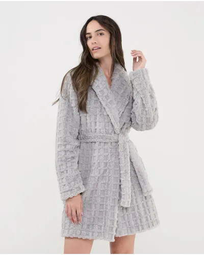Front view of women's long grey jacquard plaid robe with belt, soft checkered fabric