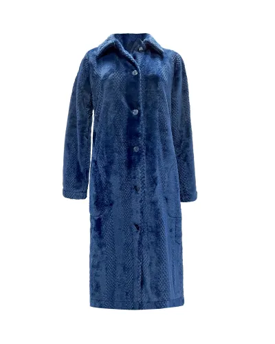 Women's long navy jacquard dressing gown with front buttons, long sleeves and pockets