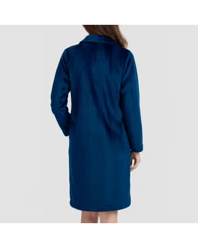 Bata larga de mujer en jacquard marino con botones frontales, manga larga y bolsillos