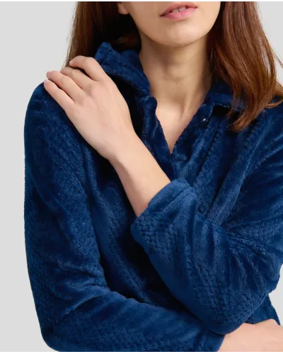 Women's long navy jacquard dressing gown with front buttons, long sleeves and pockets