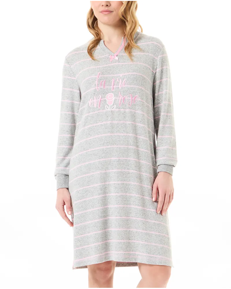 Woman with long sleeve nightgown vigore pink stripes and embroidery