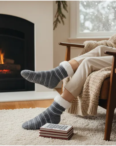 Woman wearing striped winter socks with sheepskin lining
