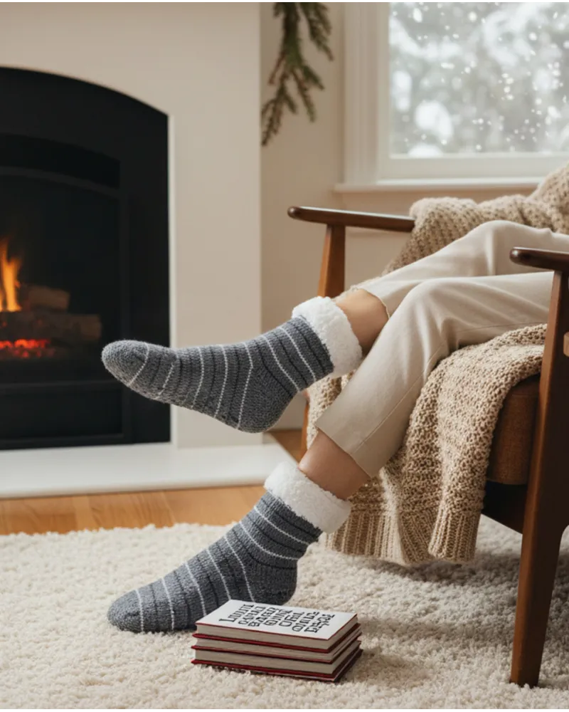 Woman wearing striped winter socks with sheepskin lining