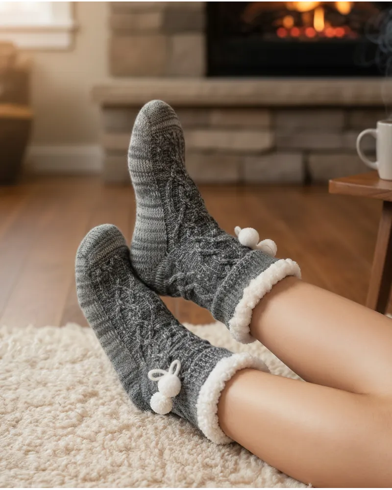 Woman enjoying grey braided slipper socks with sheepskin lining