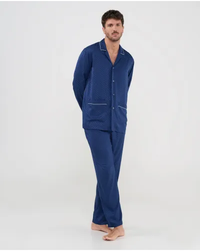 Pijama de hombre de invierno Lohe jacquard con patrón de cuadros marino y botones frontales.