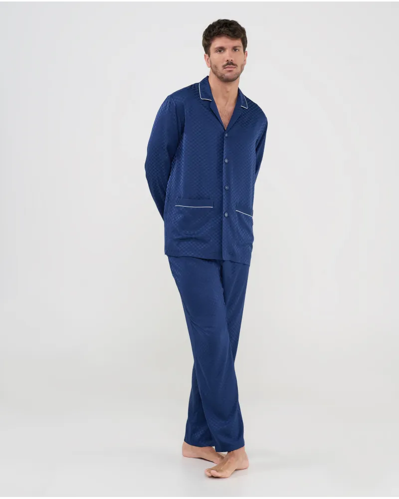 Front view of men's navy blue jacquard checked winter pyjamas, with button-front and patch pockets.