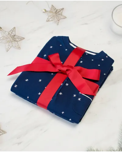 Women's navy blue shirt-style Christmas pyjamas with white stars