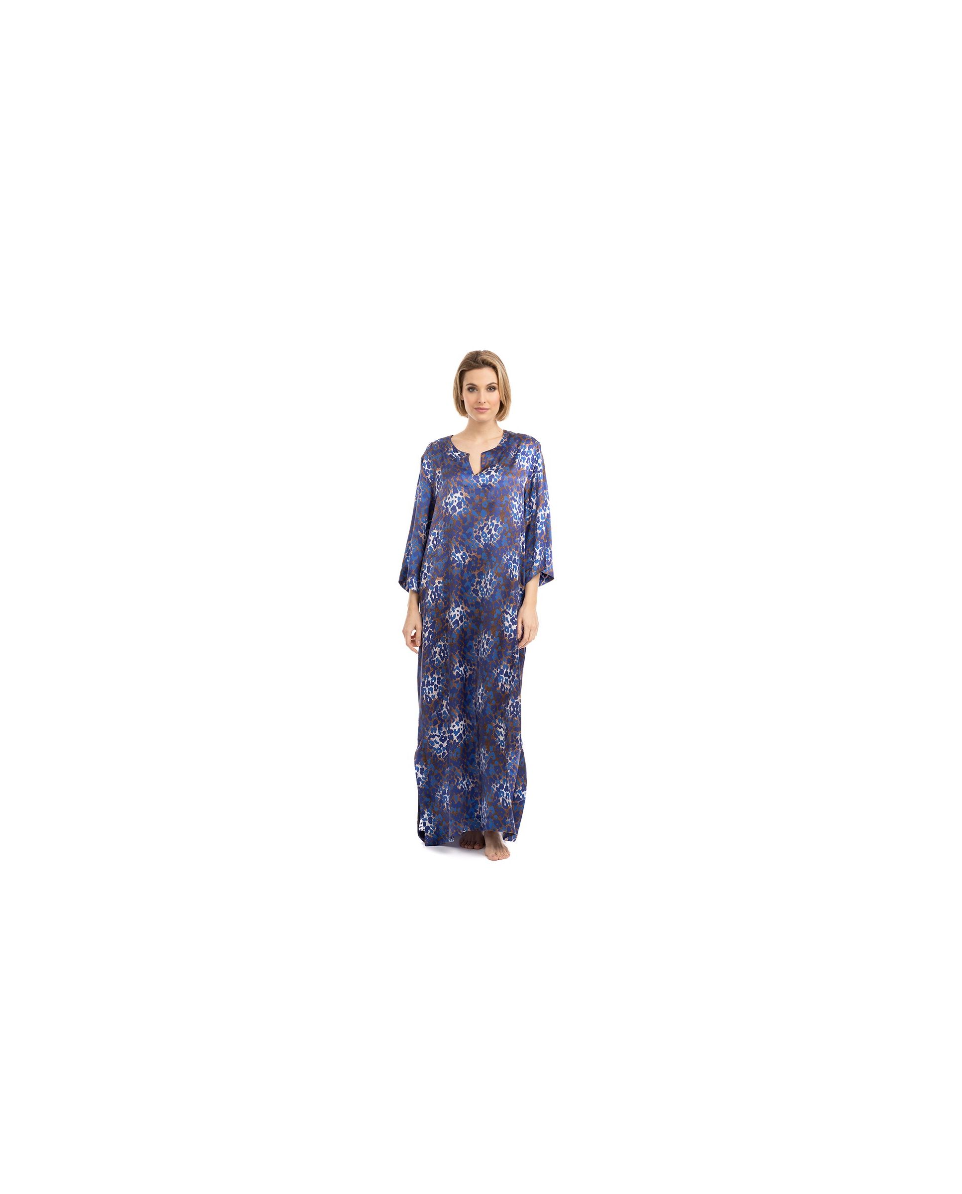Kaftan seda natural mujer para verano estampado con escote redondo y abertura central
