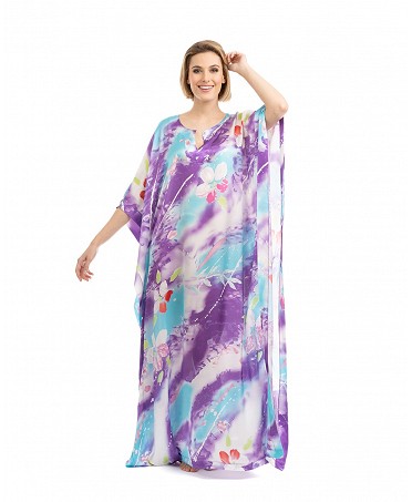 Printed natural silk kaftan with round neckline and central slit, butterfly sleeves at the elbow and full length.