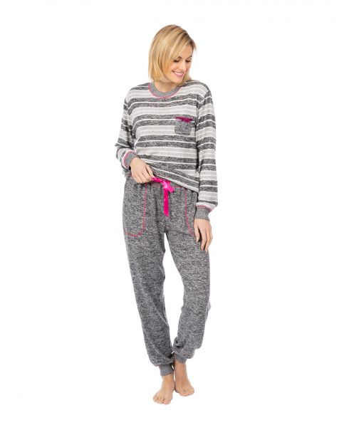Women's long pyjamas for winter with grey stripes print