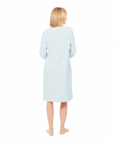 Woman in light blue long sleeve short lingerie nightdress