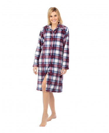 Women's long buttoned flannel plaid buttoned robe