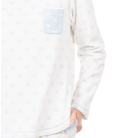 Detail of women's winter pyjama jacket round neck polka dots