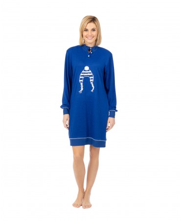 Women's long sleeve short nightdress turtleneck blue