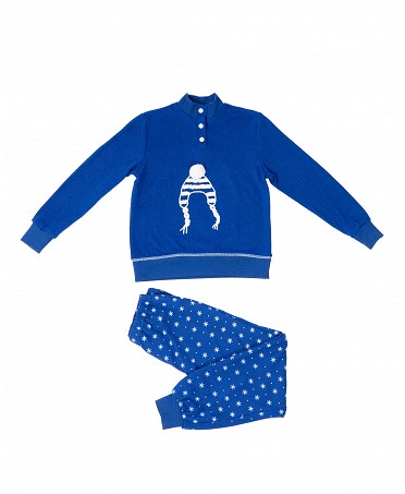 Pijama largo de niña vigoré compuesto por chaqueta con bordado manga larga, cuello alto con botones, pantalón largo.