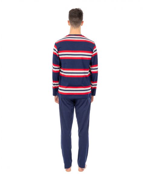 Man in dark blue long pyjamas with red stripes