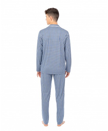 Man in blue plaid long pyjamas