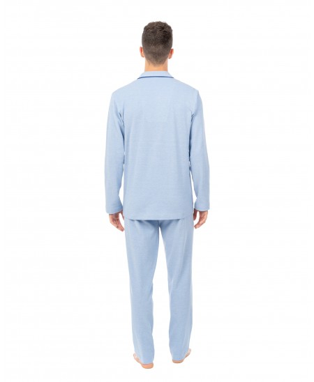 Men's long pyjamas with plain blue design and piping