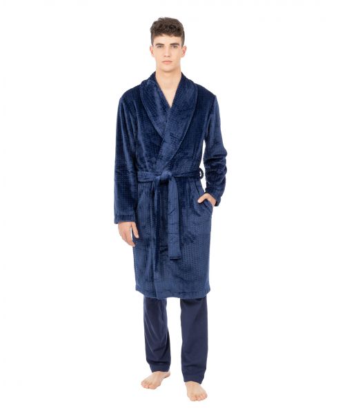 Men's blue jacquard checkered long robe | LOHE