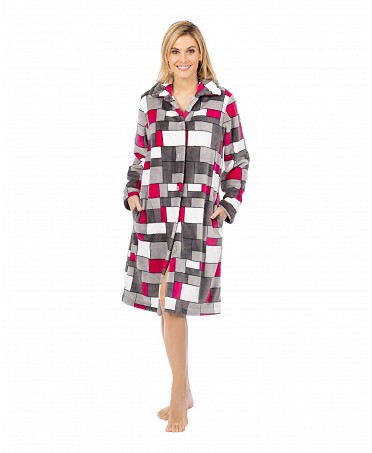 Women's long checked buttoned dressing gown