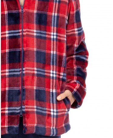 Detail of red short dressing gown with zippered checks