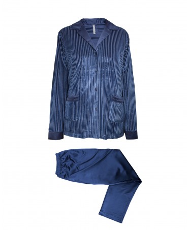 Women's long pyjama set blue velvet jacket and satin trousers