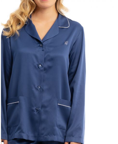 Elegante chaquetilla de pijama largo raso azul para mujer con estilo